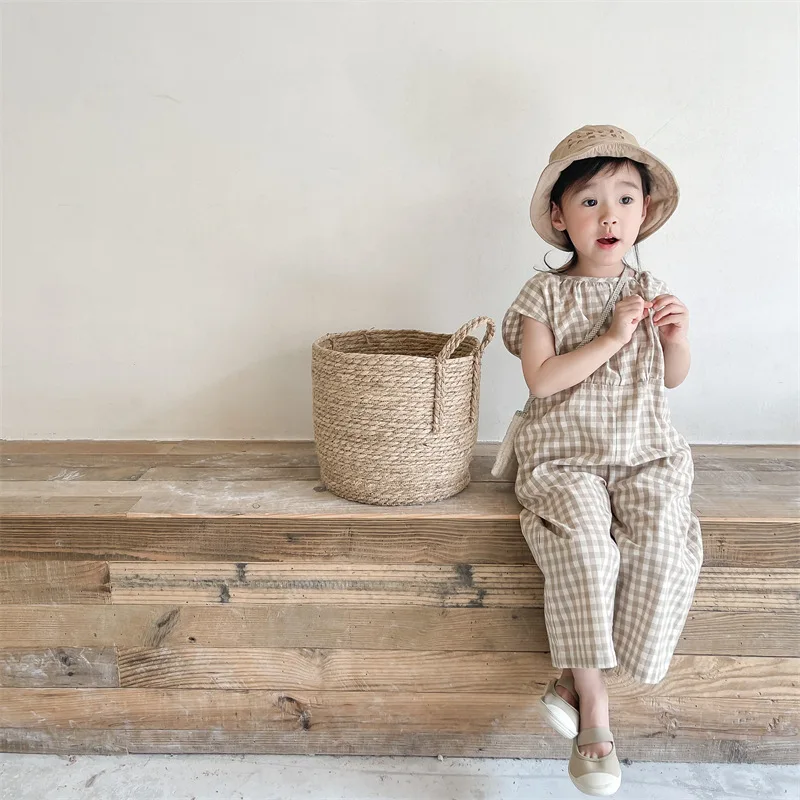 Клетчатые комбинезоны для мале – обзор и цена Baby Summer Linen Sleeveless Jumpsuit